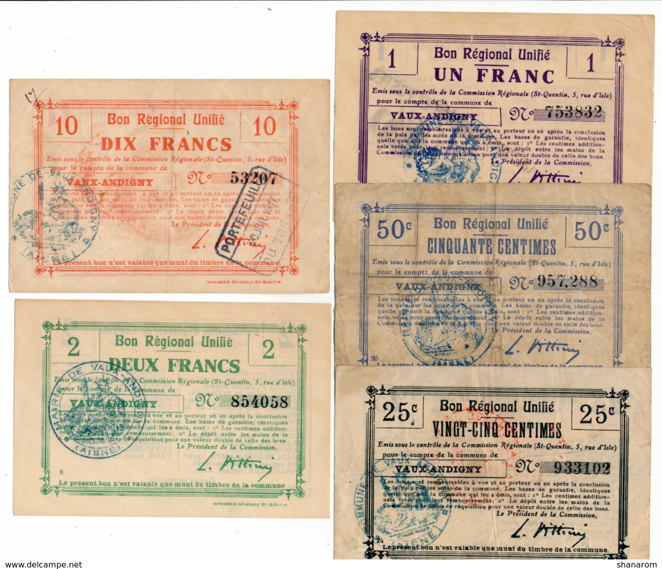1914-1918 // Bon Régional Unifié // Commune De VAUX-ANDIGNY // Bon De 25/50Centimes/1/2 Et 10 Francs - Bons & Nécessité