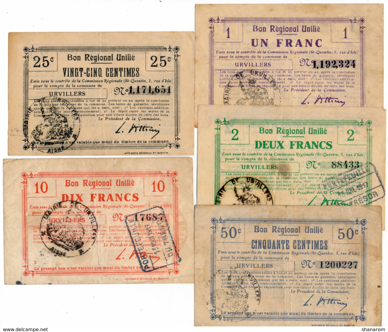 1914-1918 // Bon Régional Unifié // Commune D'URVILLERS // Bon De 25 & 50 Centimes Et 1/2 Et 10 Francs - Notgeld