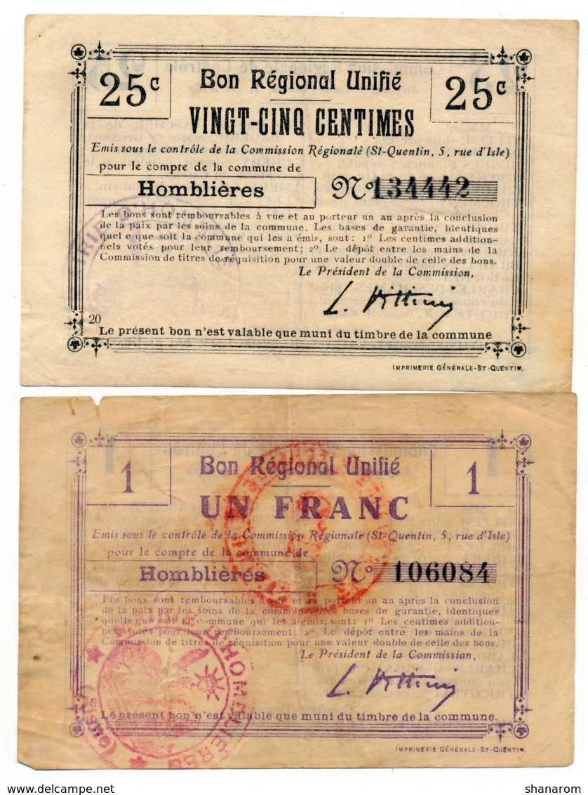 1914-1918 // Bon Régional Unifié // Commune D'HOMBLIERES // Bon De 25 Centimes Et 1 Franc - Bons & Nécessité