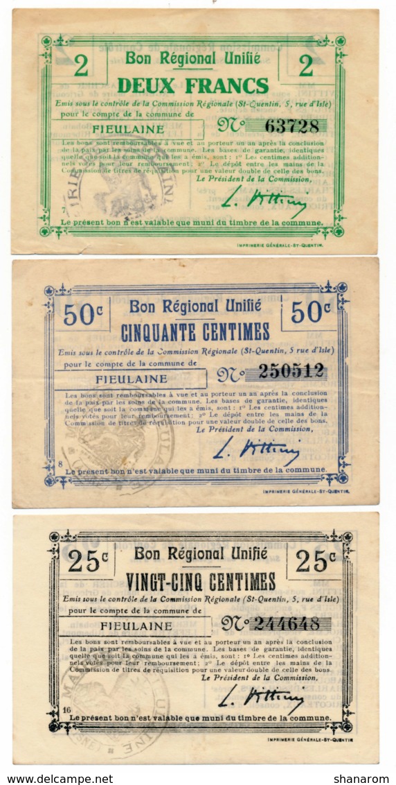 1914-1918 // Bon Régional Unifié // Commune De FIEULAINE // Bon De 25 & 50 Centimes Et 2 Francs - Bons & Nécessité