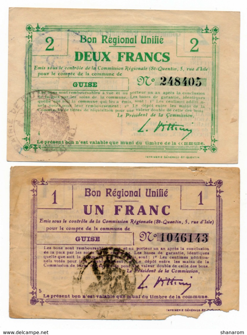 1914-1918 // Bon Régional Unifié // Commune De GUISE // Bon De 1 & 2 Francs - Bons & Nécessité