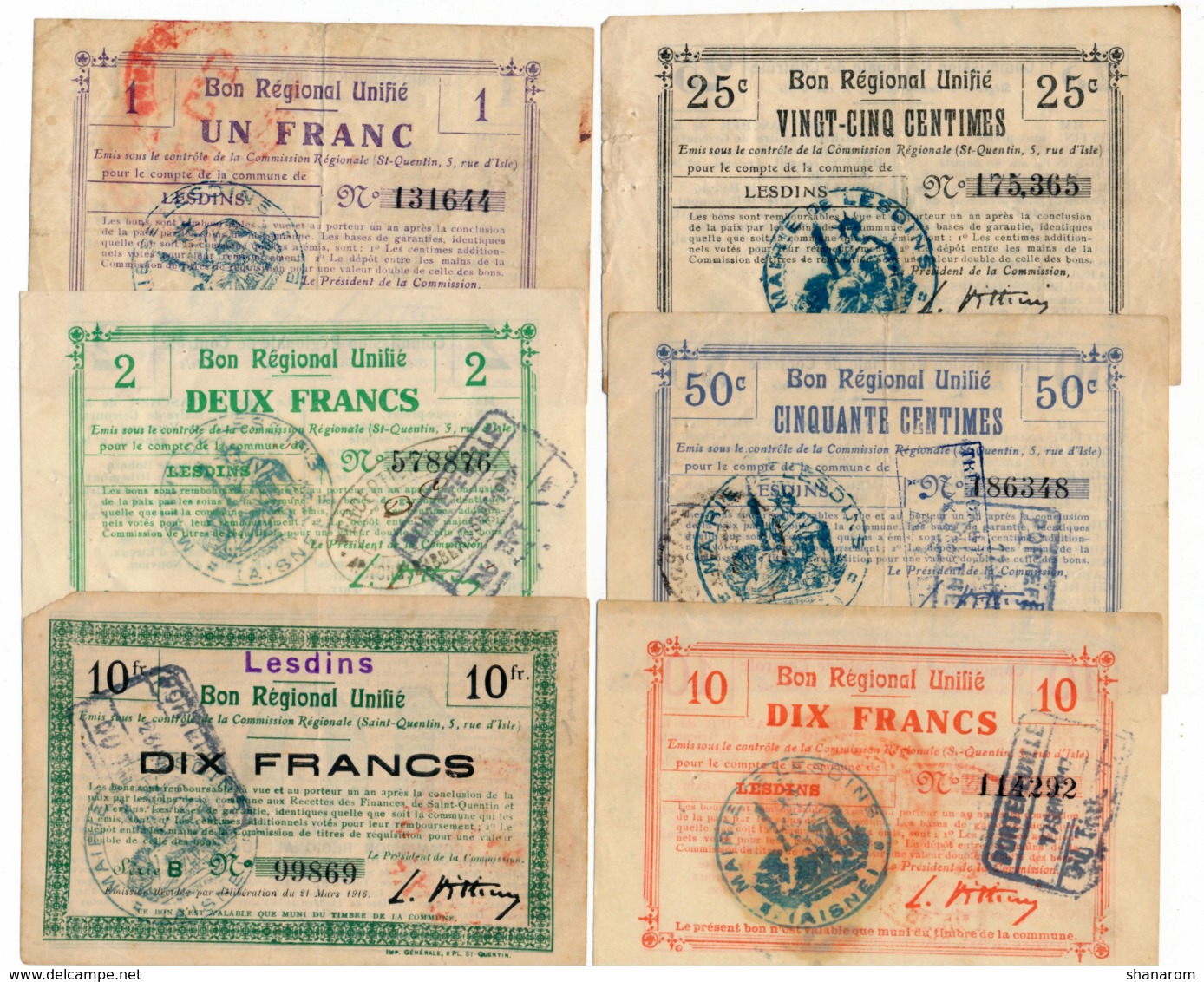 1914-1918 // Bon Régional Unifié // Commune De LESDINS // Bon De 25 & 50 Centimes Et 1/2 Et 2x10 Francs - Bonds & Basic Needs