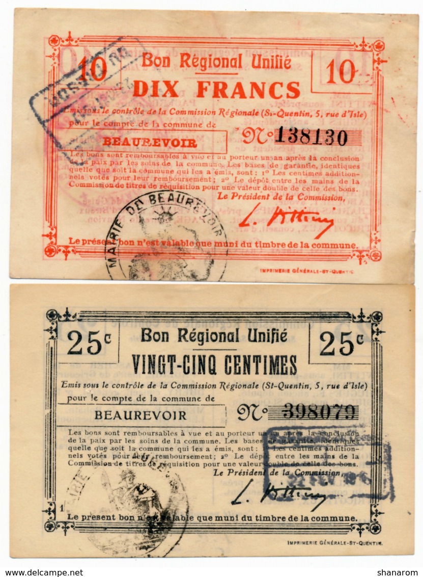 1914-1918 // Bon Régional Unifié // Commune De BEAUREVOIR // Bon De 25 Centimes & 10 Francs - Bons & Nécessité