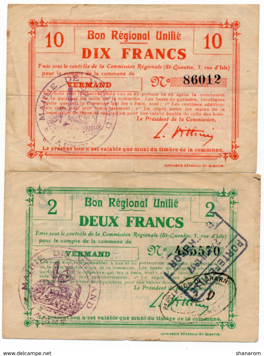 1914-1918 // Bon Régional Unifié // Commune De VERMAND // Bon De 2 & 10 Francs - Bons & Nécessité