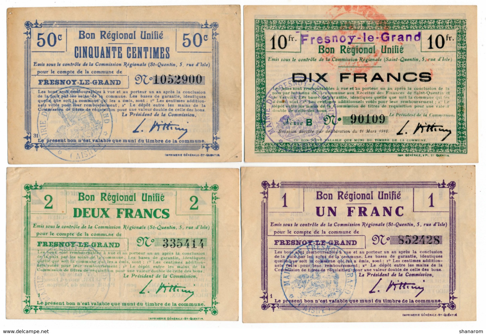 1914-1918 // Bon Régional Unifié // Commune De FRESNOY-LE-GRAND // Bon De 50 Centimes Et 1 & 2 & 10 Francs - Bons & Nécessité