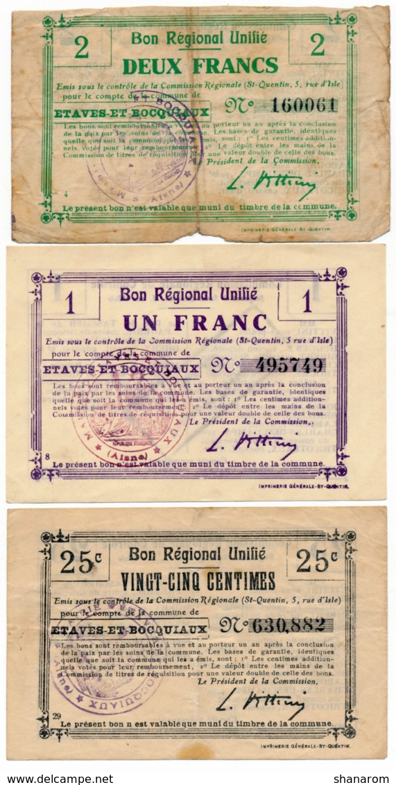 1914-1918 // Bon Régional Unifié // Commune D'ETAVES-ET-BOCQUIAUX // Bon De 25 Centimes Et 1 Et 2 Francs - Bons & Nécessité