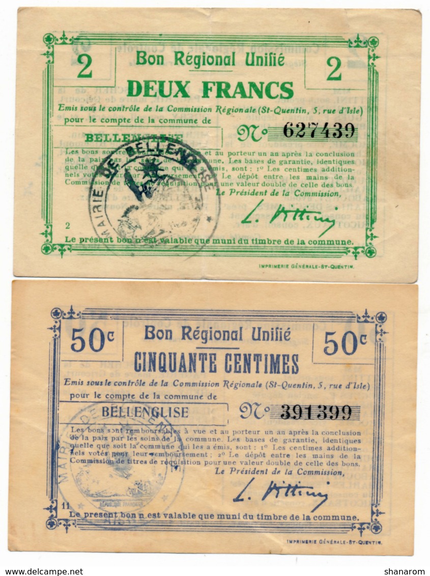 1914-1918 // Bon Régional Unifié // Commune De BELLENGLISE // Bon De 50 Centimes & 2 Francs - Buoni & Necessità