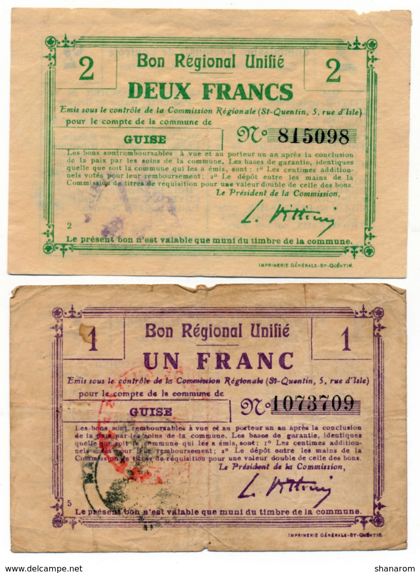 1914-1918 // Bon Régional Unifié // Commune De GUISE // Bon De 1 & 2 Francs - Bons & Nécessité