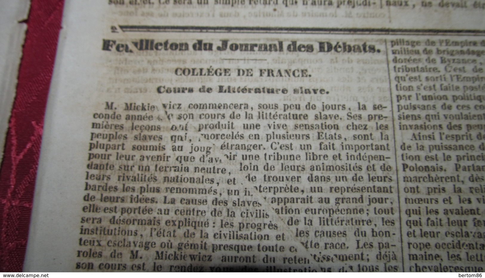 COLLEGE DE FRANCE - ADAM MICKIEWICZ - COURS DE LITTERATURE SLAVE - NOVEMBRE 1841. - 1800 - 1849