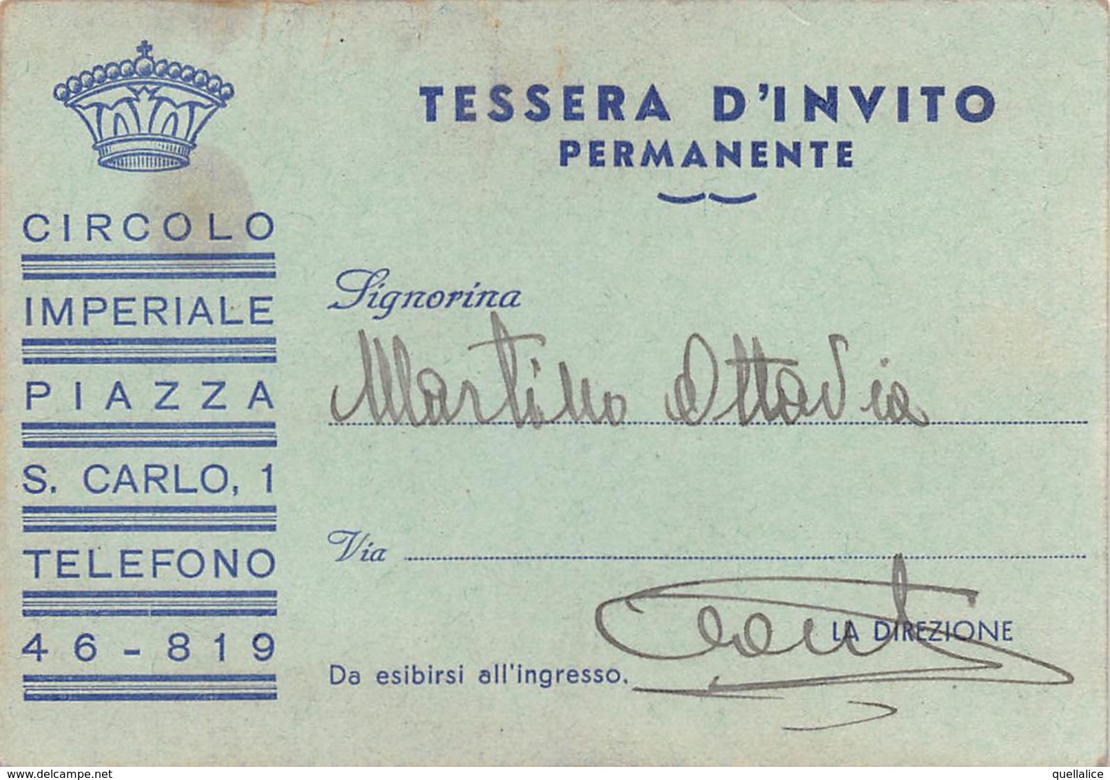 0784  "TORINO - CIRCOLO IMPERIALE - TESSERA INVITO PERMANENTE" ORIG. - Tickets D'entrée