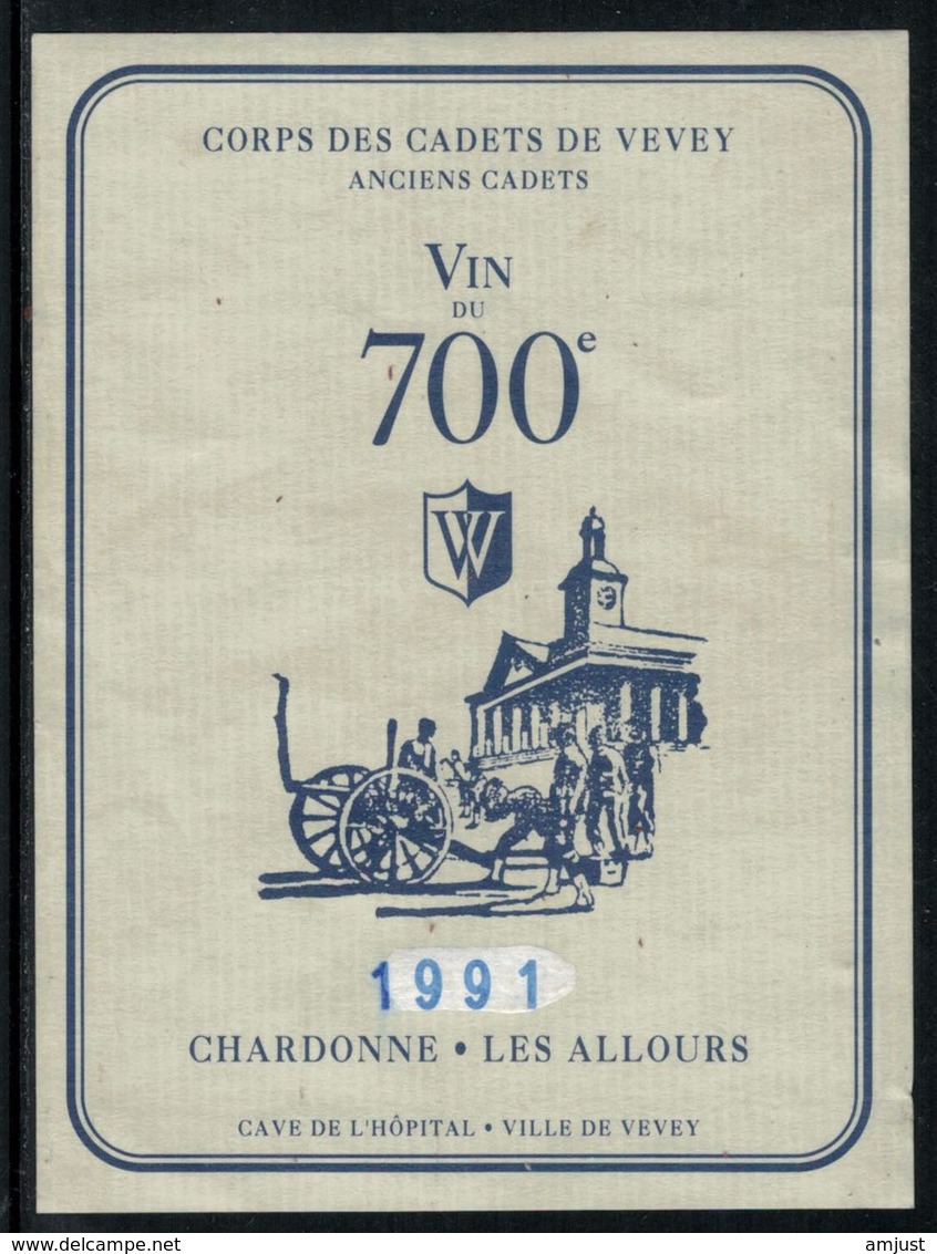 Rare // Etiquette De Vin // 700ème De La Confédération //  Chardonne, Corps Des Cadets De Vevey - 700 Jahre Schweiz. Eidgenossenschaft