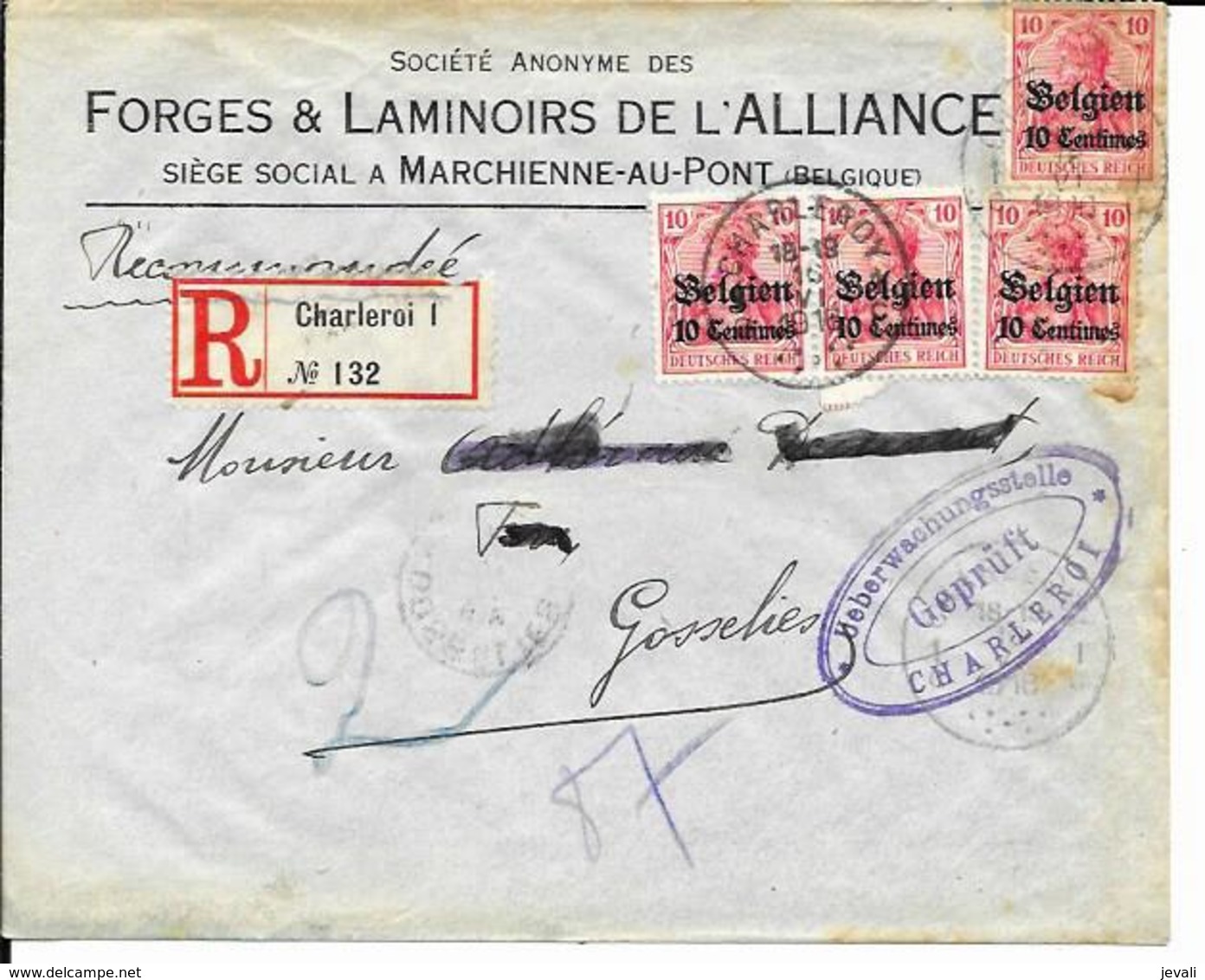 Lettre Deutsches Reich  - MARCHIENNE - AU - PONT    SA Des Forges & Laminoirs De L’Alliance  ( Recommandé 1916 ) - OC1/25 Gouvernement Général