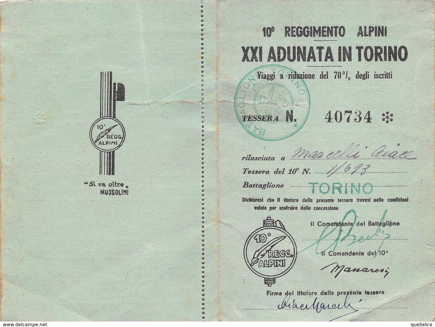 0785  "TORINO - 10° REGGIMENTO ALPINI - XXI ADUNATA IN TORINO - TESSERA NR. 40734 - ANNO 1940 - TAGLIANDO FS" ORIG. - Europe