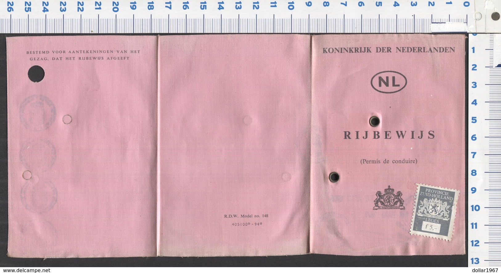 Oud Linnen Rijbewijs 18 Maart 1966 - 1971 Met Leges Zegel F 5.00 Gulden ,  Scans  For Condition. ( Originalscan !!! ) - Sonstige & Ohne Zuordnung