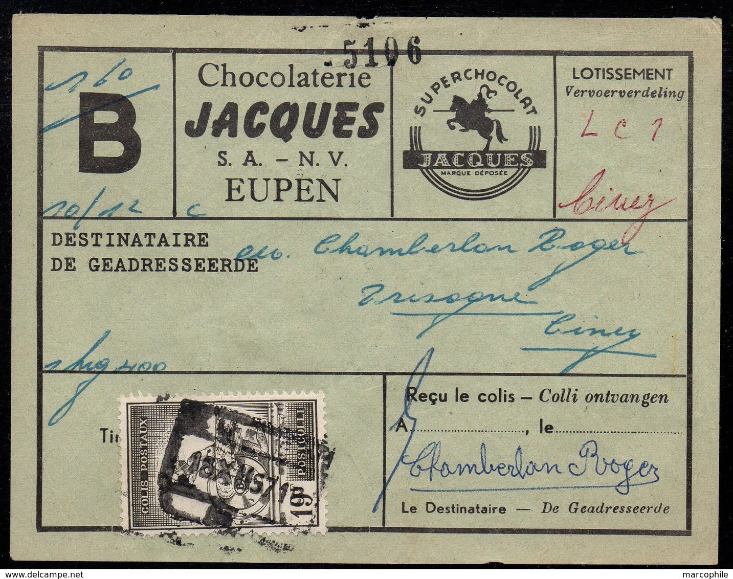 CHOCOLAT - CHOCOLATE / 1957 EUPEN - BELGIQUE RECU DE COLIS ILLUSTRE CHOCOLATERIE JACQUES (ref 7976) - Food