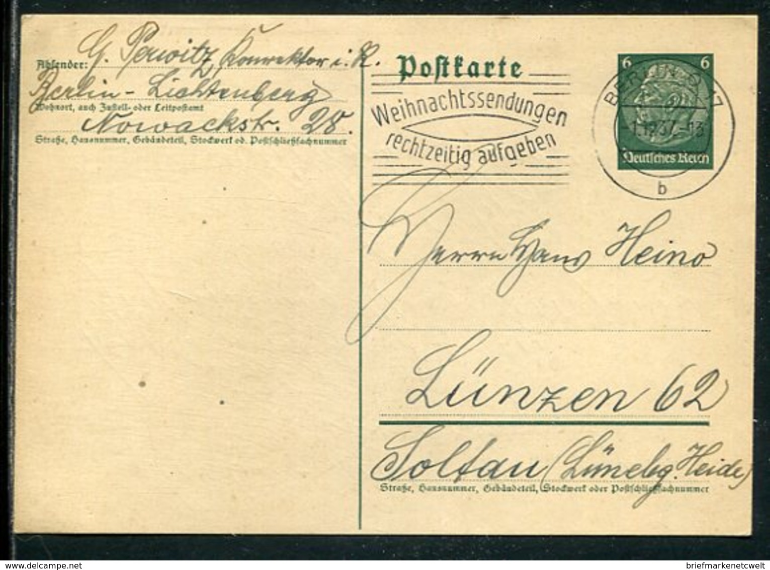 Deutsches Reich / 1937 / Masch.-Stempel Berlin "Weihnachtssendungen Rechtzeitig Aufgeben" Auf Postkarte (5/163) - Maschinenstempel (EMA)
