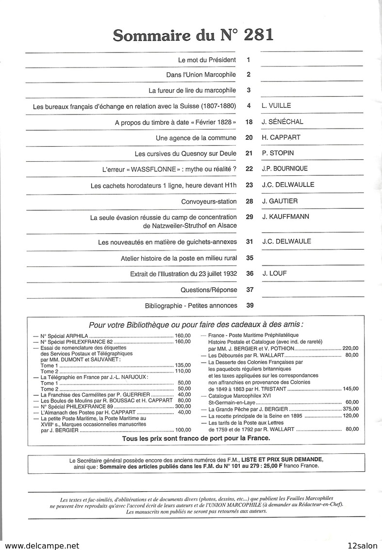 LES FEUILLES MARCOPHILES N° 281 + Sommaire - Otros & Sin Clasificación