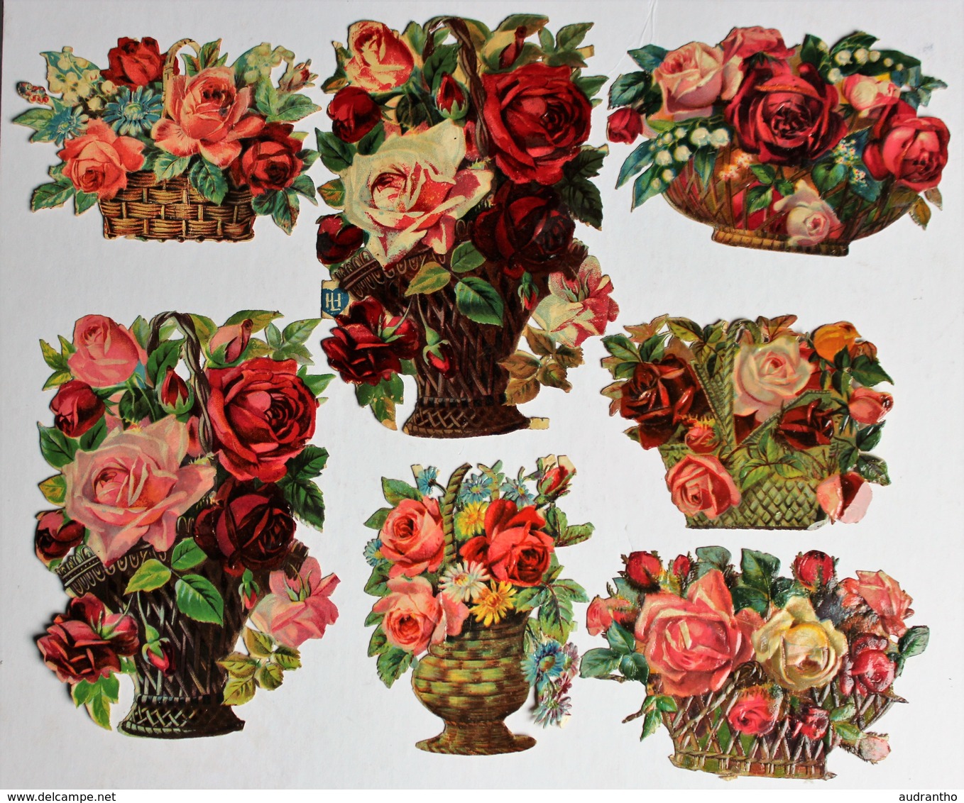 7 Images Découpis Fleurs Bouquet De Roses Dans Panier Composition Florale Nature Morte - Bloemen
