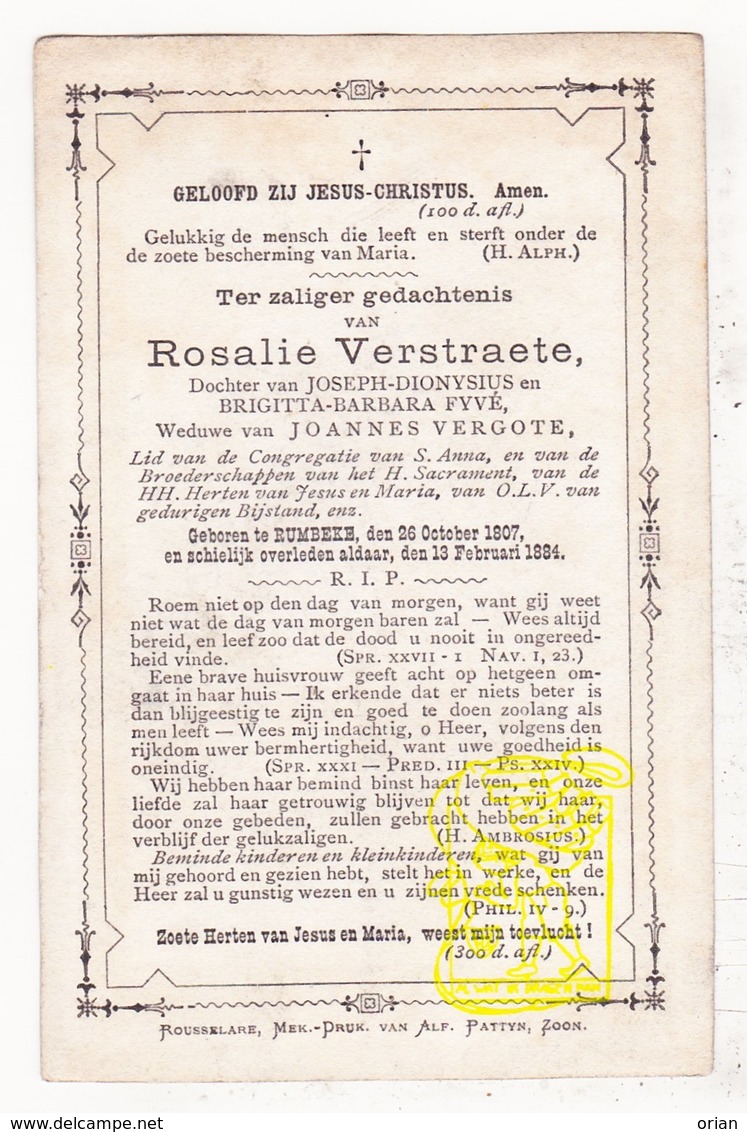 DP Rosalie Verstraete / Fyvé ° Rumbeke Roeselare 1807 † 1884 X Joannes Vergote - Images Religieuses