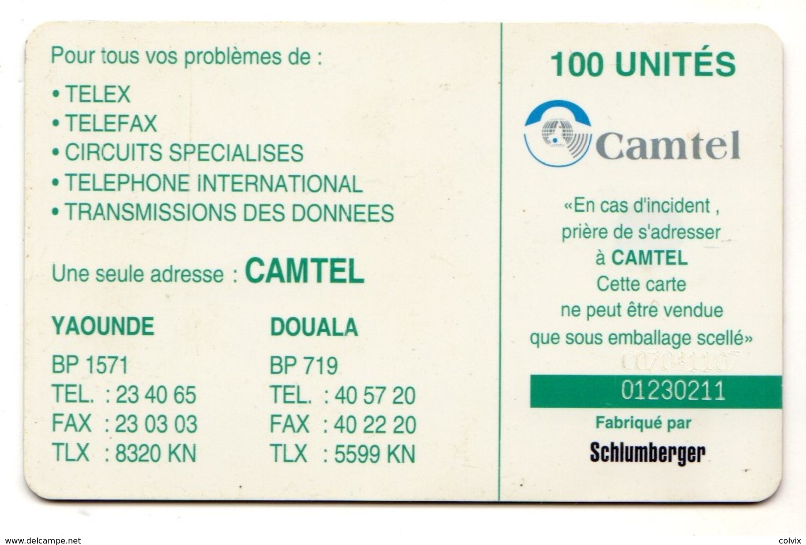 CAMEROUN REF MV CARDS CAM-37a 100 U RUMSIKI Verso CAMTEL - Kamerun