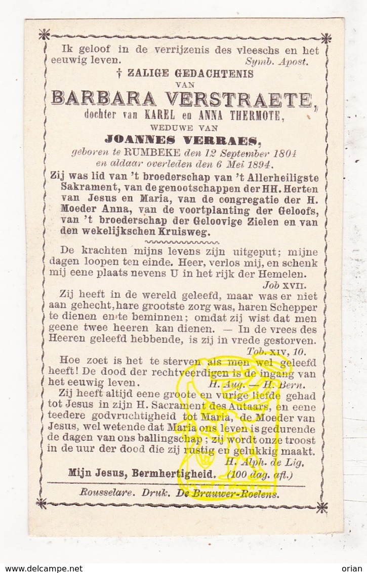 DP Barrbara Verstraete / Thermote ° Rumbeke Roeselare 1804 † 1894 X Joannes Verraes - Images Religieuses