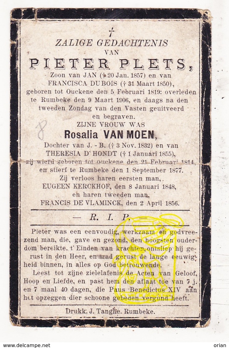 DP Pieter Plets / Dubois ° Oekene Roeselare 1819 † Rumbeke 1906 X R. Van Moen / D'Hondt 1814-1877 Kerckhof De Vlaminck - Images Religieuses