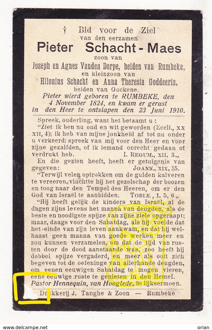 DP Pieter Schacht Maes / Vanden Dorpe / Goddeeris ° Rumbeke Roeselare 1824 † 1910 Oekene / EH Pastoor Hennequin Hooglede - Images Religieuses