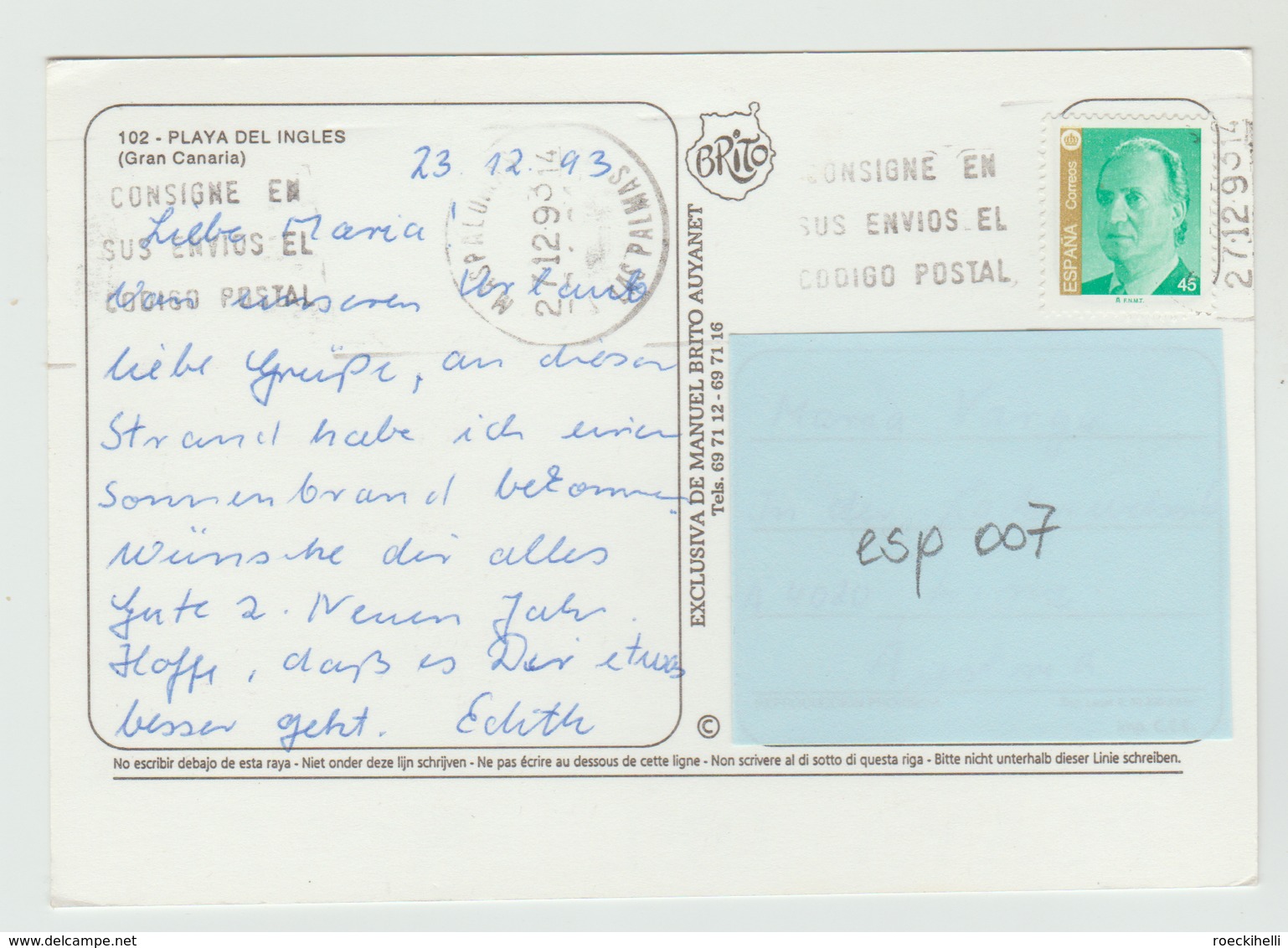23.12.1993   -  AK/CP/Postcard  Spanien/Kanaren/Playa Del Ingles -  Gelaufen   - Siehe Scan  (esp 007) - Sonstige & Ohne Zuordnung