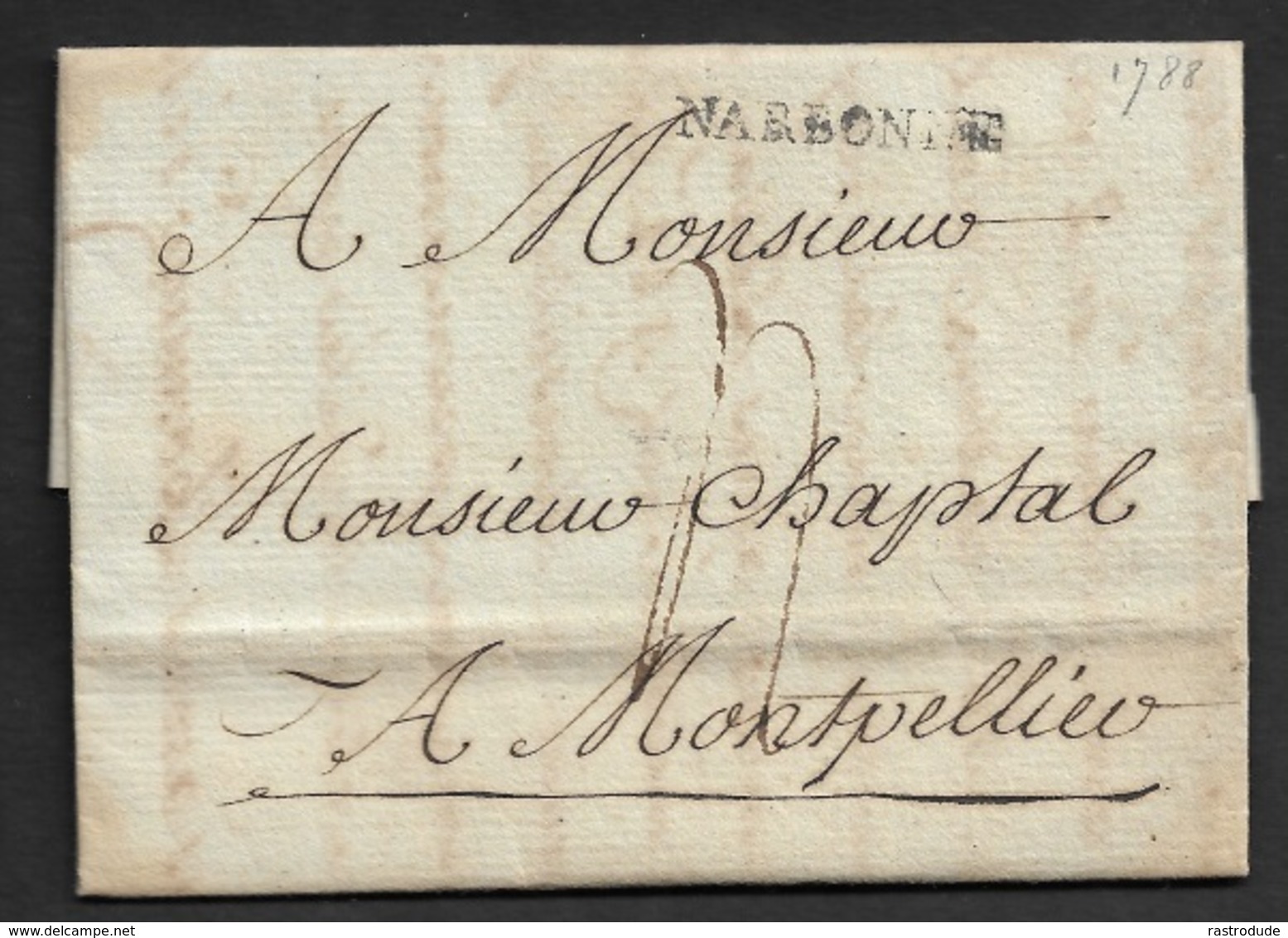 1788 - LAC - NARBONNE (AUDE) 29mm X 3mm Pour MONTPELLIER - 1701-1800: Précurseurs XVIII