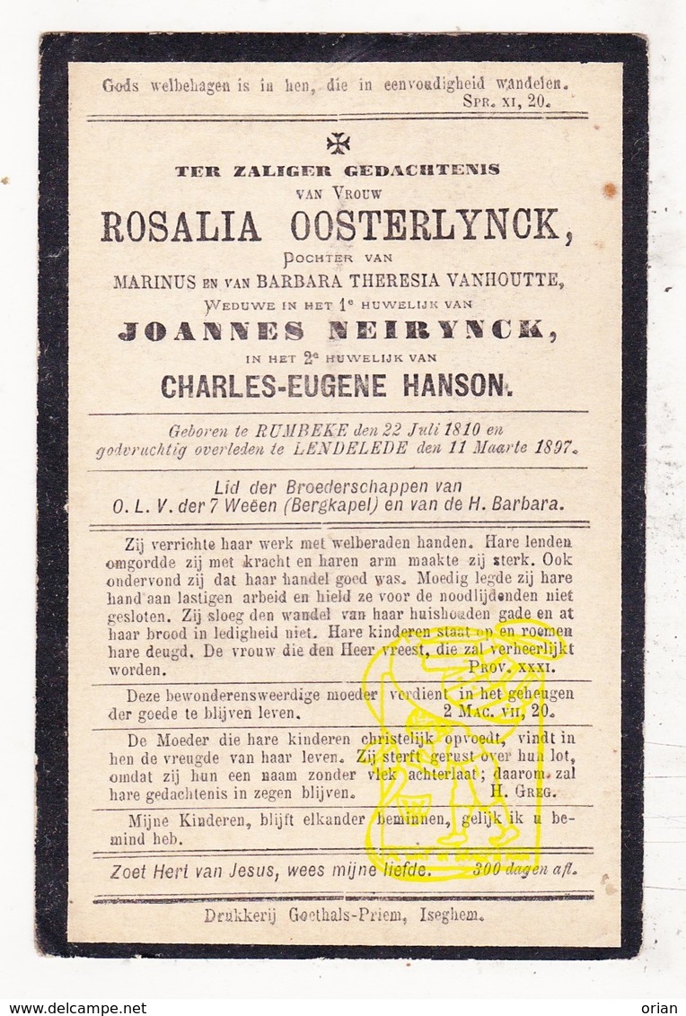 DP Rosalia Oosterlynck / VanHoutte ° Rumbeke Roeselare 1810 † Lendelede 1897 X J. Neirynck Xx Ch. Hanson - Images Religieuses