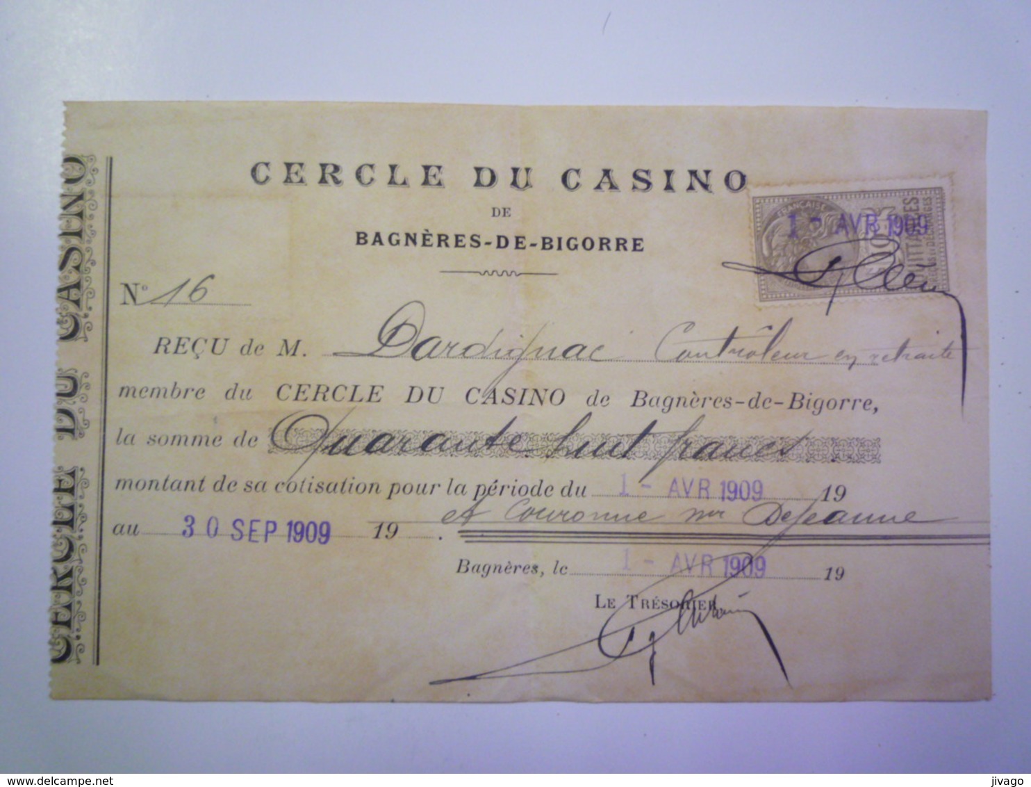 CERCLE Du CASINO De BAGNERES-de-BIGORRE  :    Reçu De Cotisation  1909   - Non Classificati