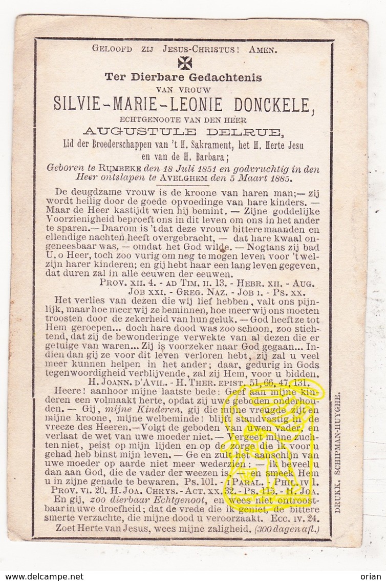 DP Silvie Marie L. Donckele 33j. ° Rumbeke Roeselare 1851 † Avelgem 1885 X Augustule Delrue - Images Religieuses