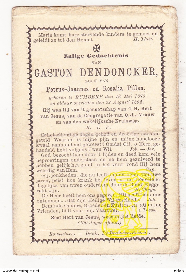 DP Gaston DenDoncker / Pillen 19j.  ° Rumbeke Roeselare 1875 † 1894 - Images Religieuses