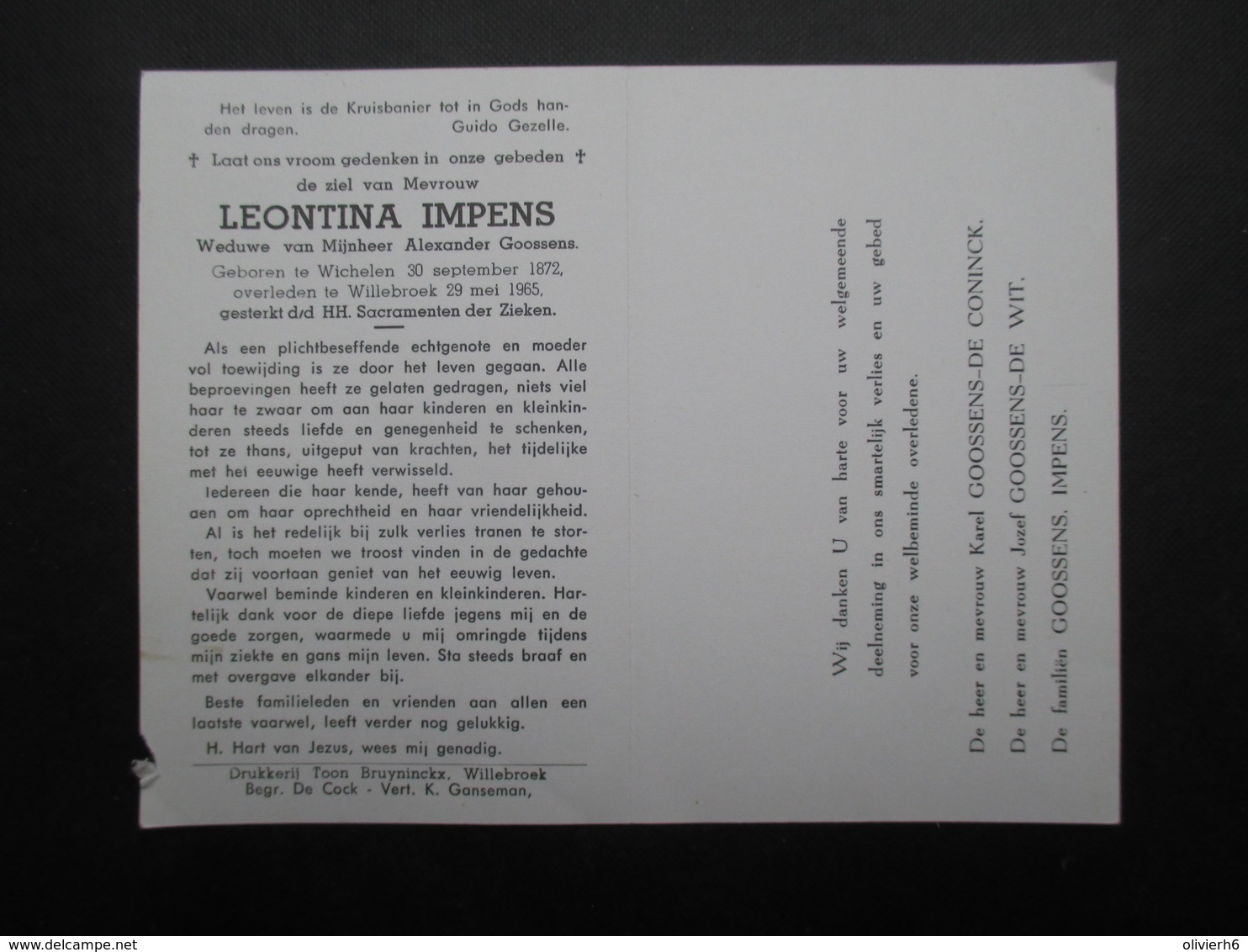 VP BELGIQUE (M1902) DOODSPRENTJE (2 Vues) LEONTINA IMPENS WICHELEN 30/9/1872 - WILLEBROEK 29/5/1965 - Décès