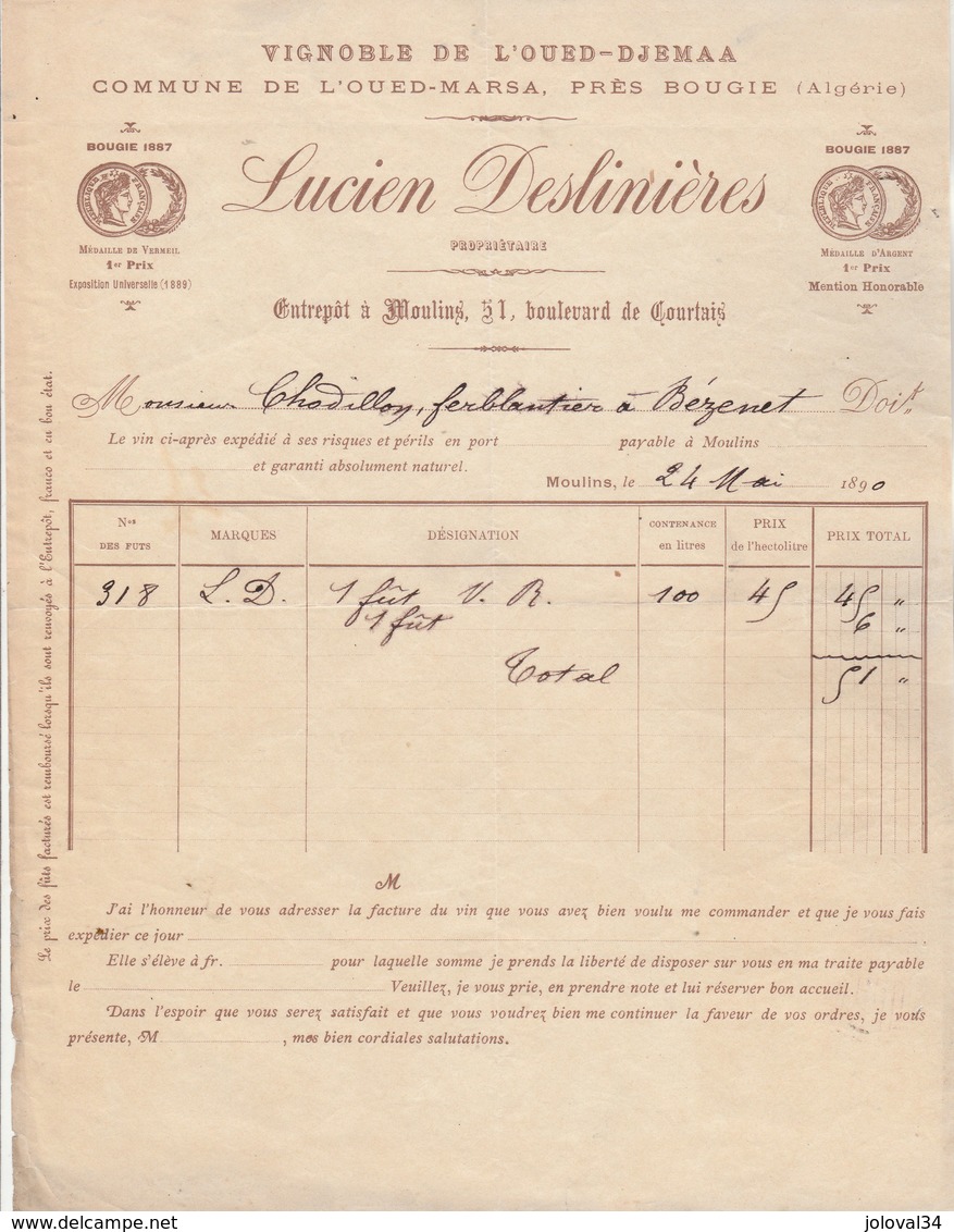 Algérie Facture 24/5/1890 DESLINIERES Vignoble Oued Djemaa Oued Marsa Près Bougie De Moulins à Chodillon Bézenet Allier - Autres & Non Classés