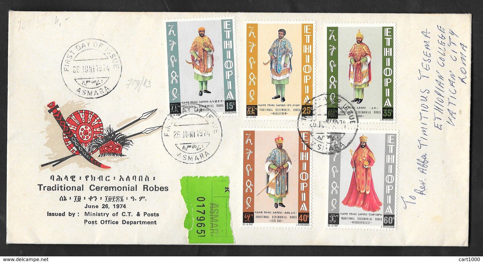 ETHIOPIA F.D.C. FIRST DAY ISSUE 1974 ASMARA TRADITIONAL CEREMONIAL ROBES TO VATICANO - Etiopia