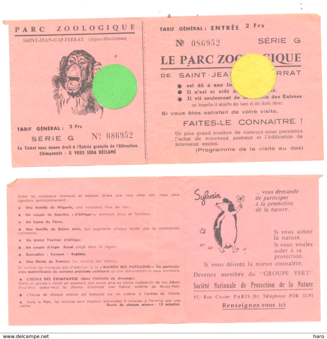 Ticket D'entrée Au Parc Zoologique , Zoo De St-Jean-Cap-Ferrat  (b244) - Tickets D'entrée