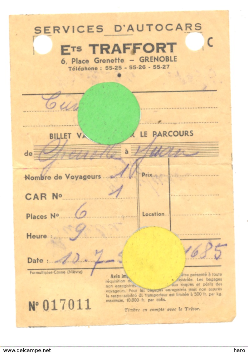 Ticket De Voyage En Autocars Des Ets TRAFFORT à GRENOBLE En 1956 , Car, Oldtimer,bus,..  (b244) - Tickets D'entrée