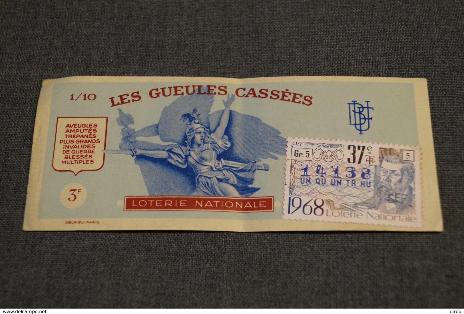 Billet Loterie Nationale FRANCE,1968,les Gueules Cassées, 3F - Billets De Loterie