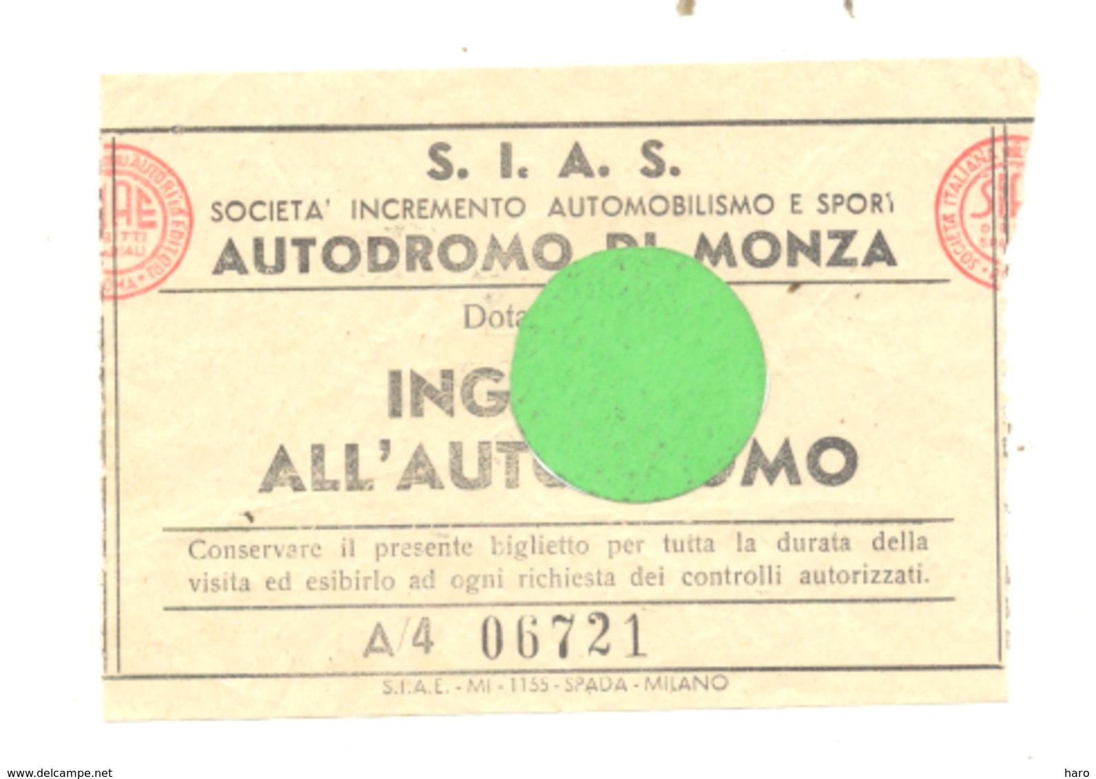 Ticket D'entrée Pour Le Cicuit Automobile De MONZA   (b244) - Tickets D'entrée