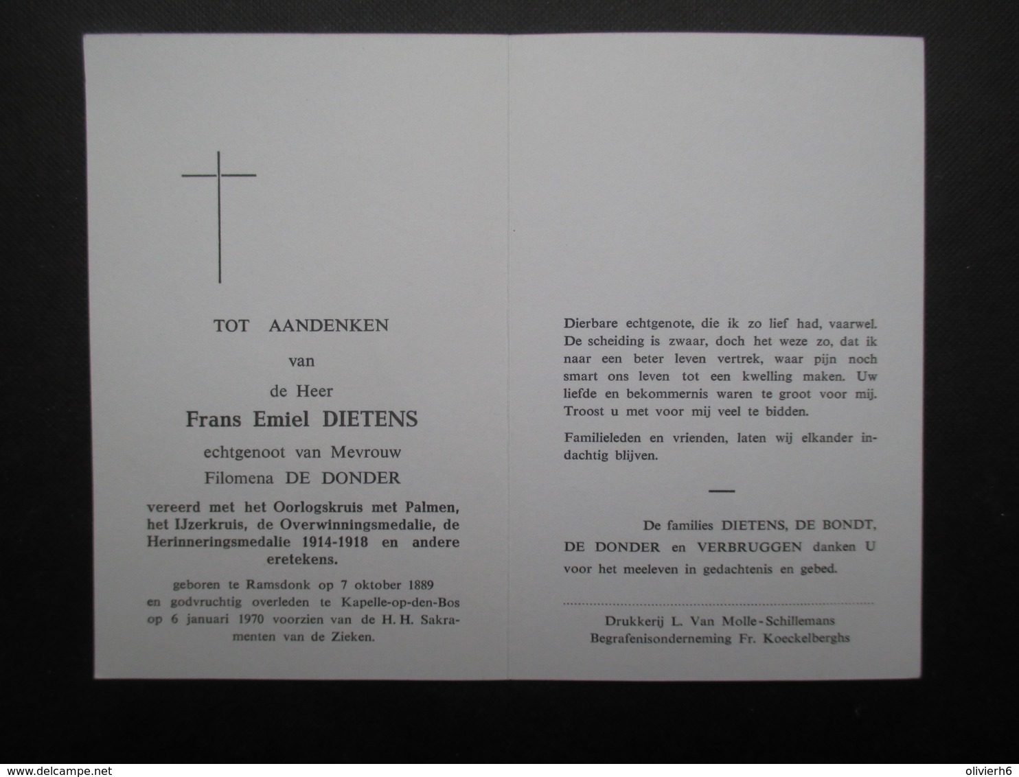 VP BELGIQUE (M1902) DOODSPRENTJE (2 Vues) FRANS EMIEL DIETENS RAMSDONK 7/10/1889 - KAPELLE OP DEN BOS 6/1/1970 - Décès