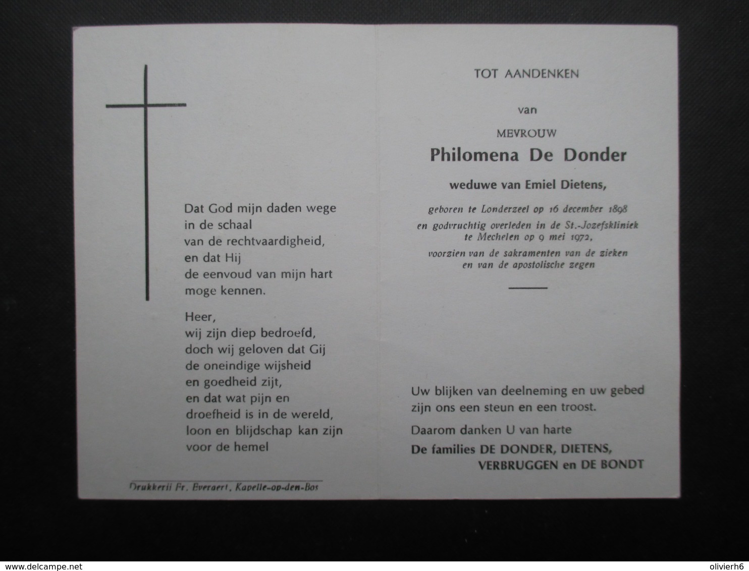 VP BELGIQUE (M1902) DOODSPRENTJE (2 Vues) PHILOMENA DE DONDER LONDERZEEL 16/12/1898 - MECHELEN 9/5/1972 - Esquela