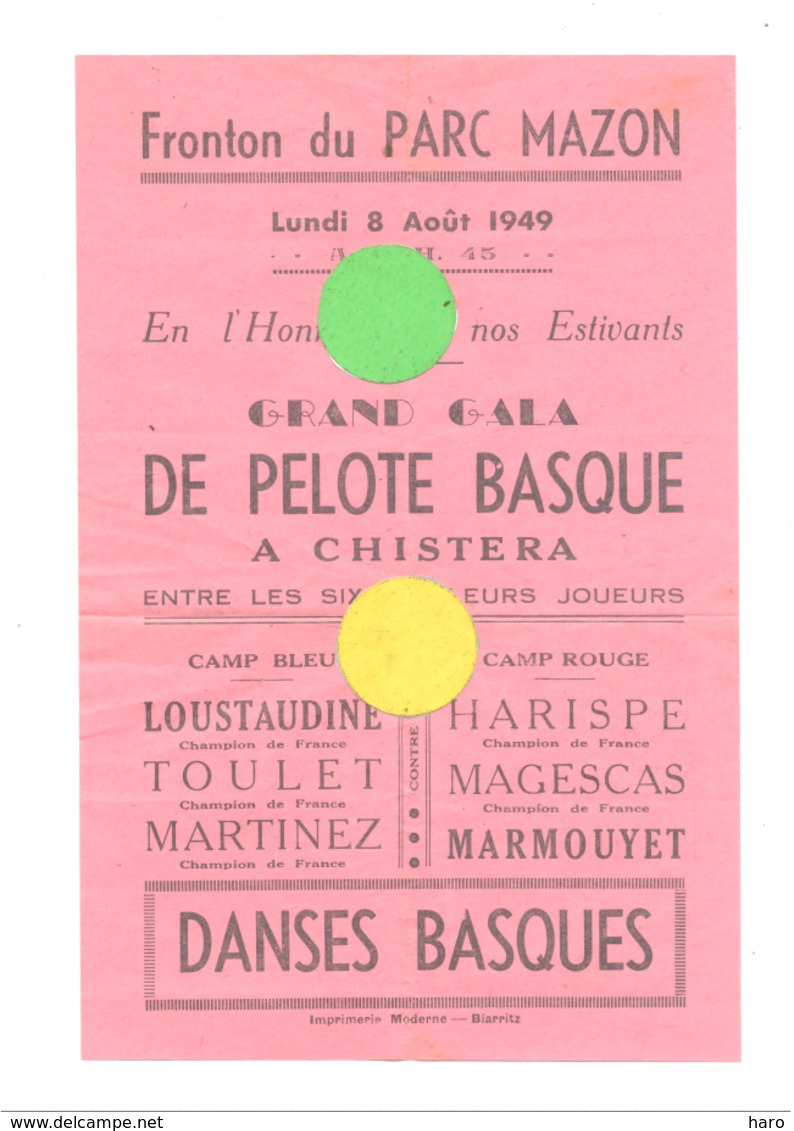 Affiche, Programme Du Grand Gala De Pelote Basque A Chistera  Au Parc Mazon à BIARRITZ En 1949 (b244) - Affiches