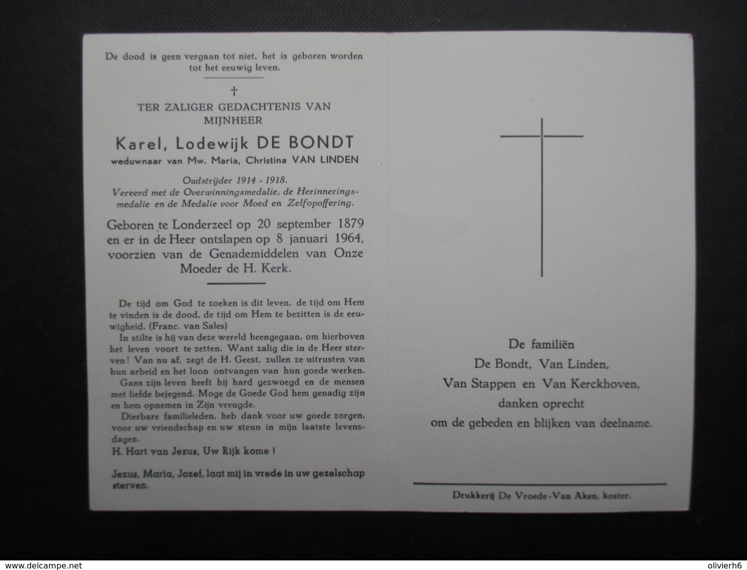 VP BELGIQUE (M1902) DOODSPRENTJE (2 Vues) KAREL LODEWIJK DE BONDT LONDERZEEL 20/9/1879 - LONDERZEEL 8/1/1964 - Décès