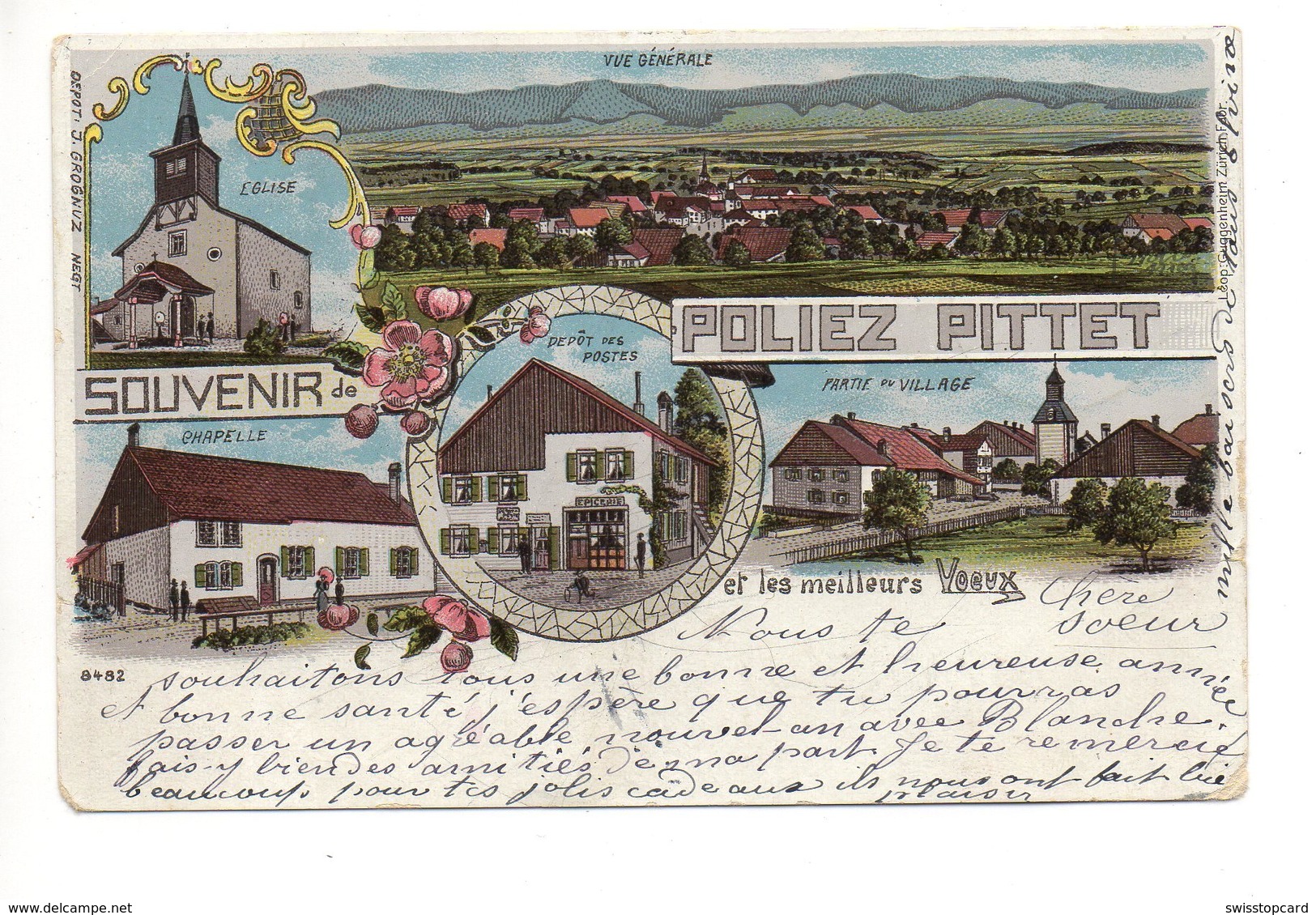 LITHO Souvenir De POLIEZ PITTET Eglise Depôt Des Postes Chapelle Et Les Meilleurs Voeux Gel. 1903 N. Stein Schaffhausen - Autres & Non Classés