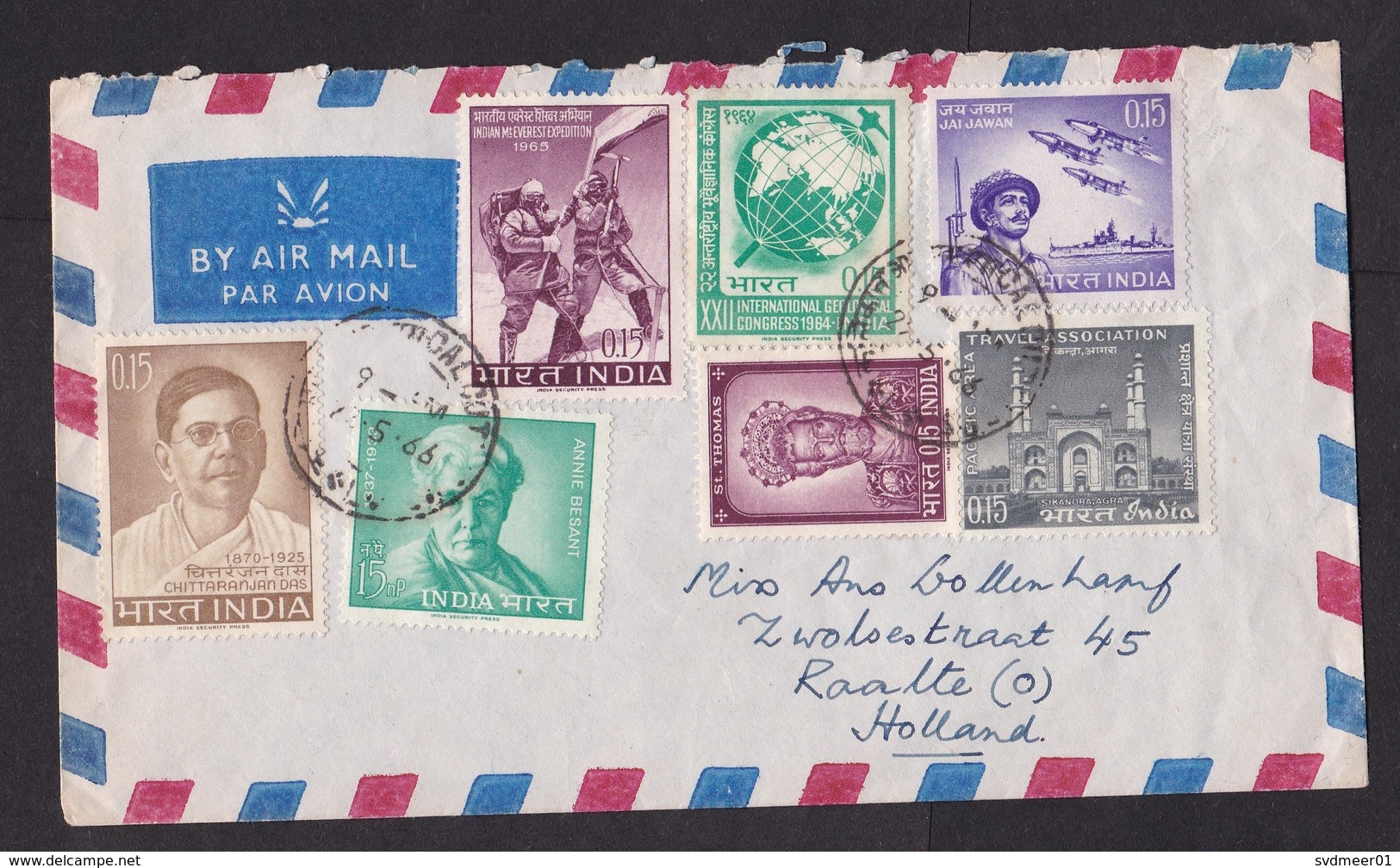 India: Airmail Cover To Netherlands, 1966, 7 Stamps, Military Airplane, Mount Everest, Besant, Globe (traces Of Use) - Brieven En Documenten
