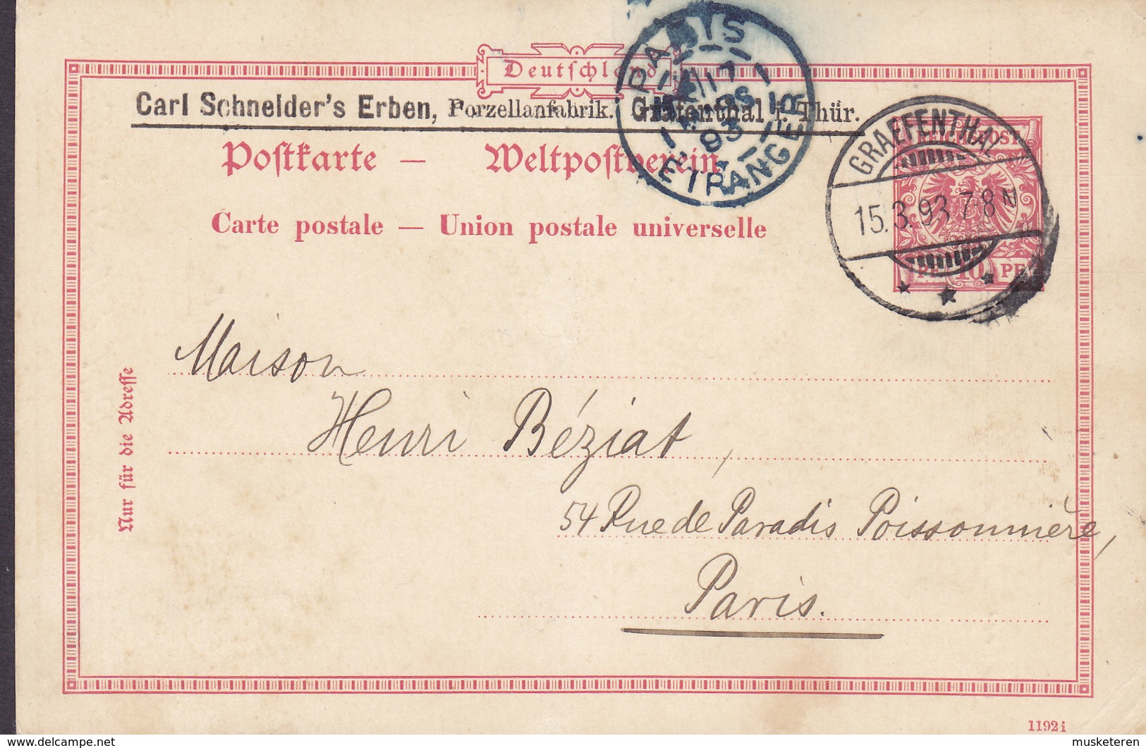 Reichspost Stationery Ganzsache PRIVATE Print CARL SCHNEIDER's ERBEN Porzellanfabrik GRAFENTHAL 1893 PARIS ETRANGER !! - Cartes Postales