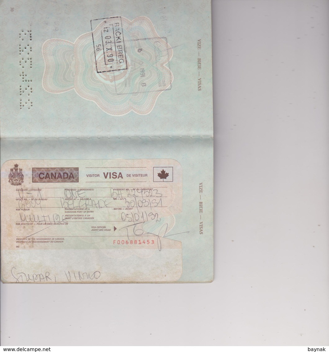 PM59  --  SFR  YUGOSLAVIA  --  PASSPORT --  NO PHOTO  ~ 1982  --  VISA    2 x CANADA