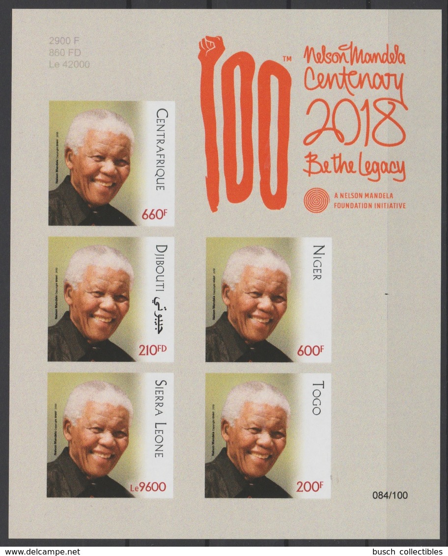 IMPERF ND Djibouti Central Africa Togo Sierra Leone Niger 2018 PAN African Postal Union Nelson Mandela Madiba 100 Years - Centrafricaine (République)