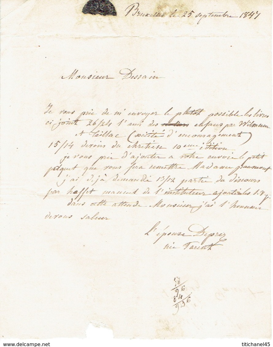 Précurseur 25/9/1847 Lettre Datée De BRUXELLES Avec Manuscrit "1/2 Port 20 Centimes" Signé épouse DEPREZ Née PARENT - 1830-1849 (Belgique Indépendante)